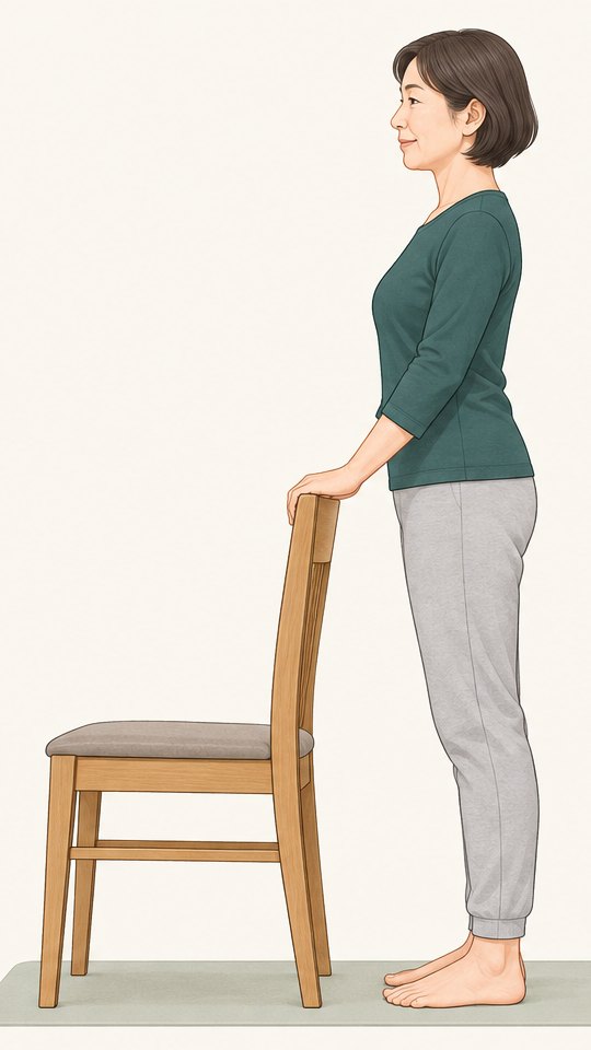 椅子の背もたれに手を添えて、まっすぐ立つ