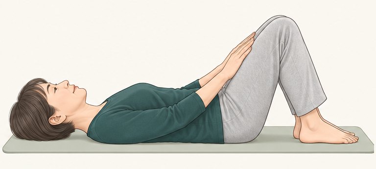 あお向けで膝を立て、手を太ももの上に置く
